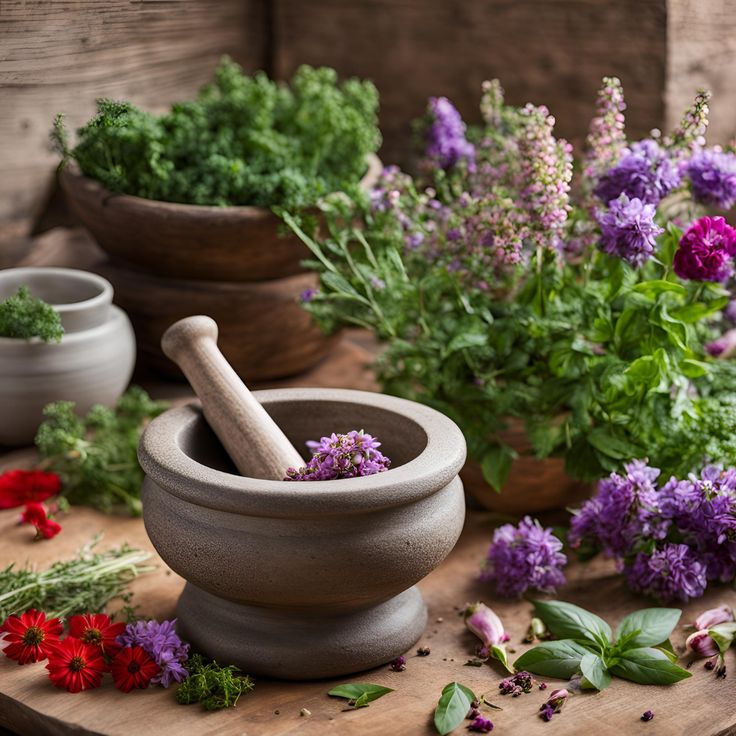 Bottles of essential oils with fresh herbs and flowers