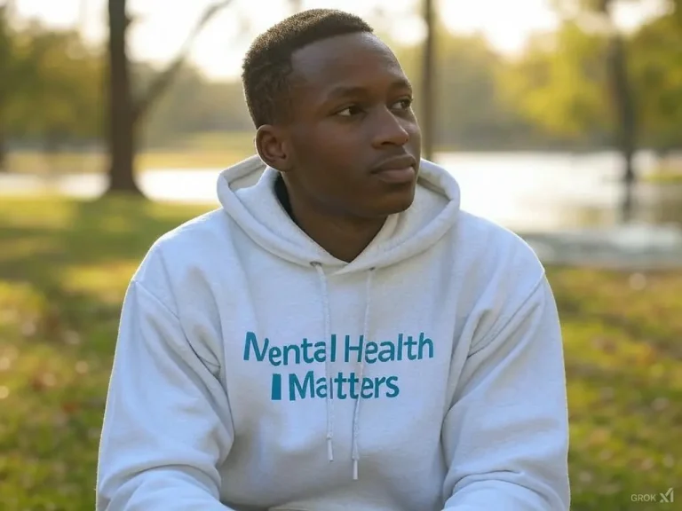 Person wearing a white hoodie with "Mental Health Matters" text, seated in a park with trees and water in the background.